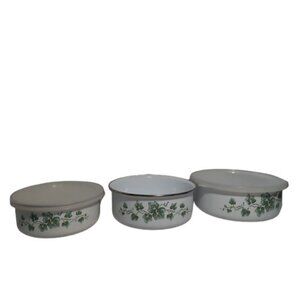 Vtg 3 pc Lincoware Enamelware Nesting Bowl Set, Ivy Callaway Pattern, W/ Lids